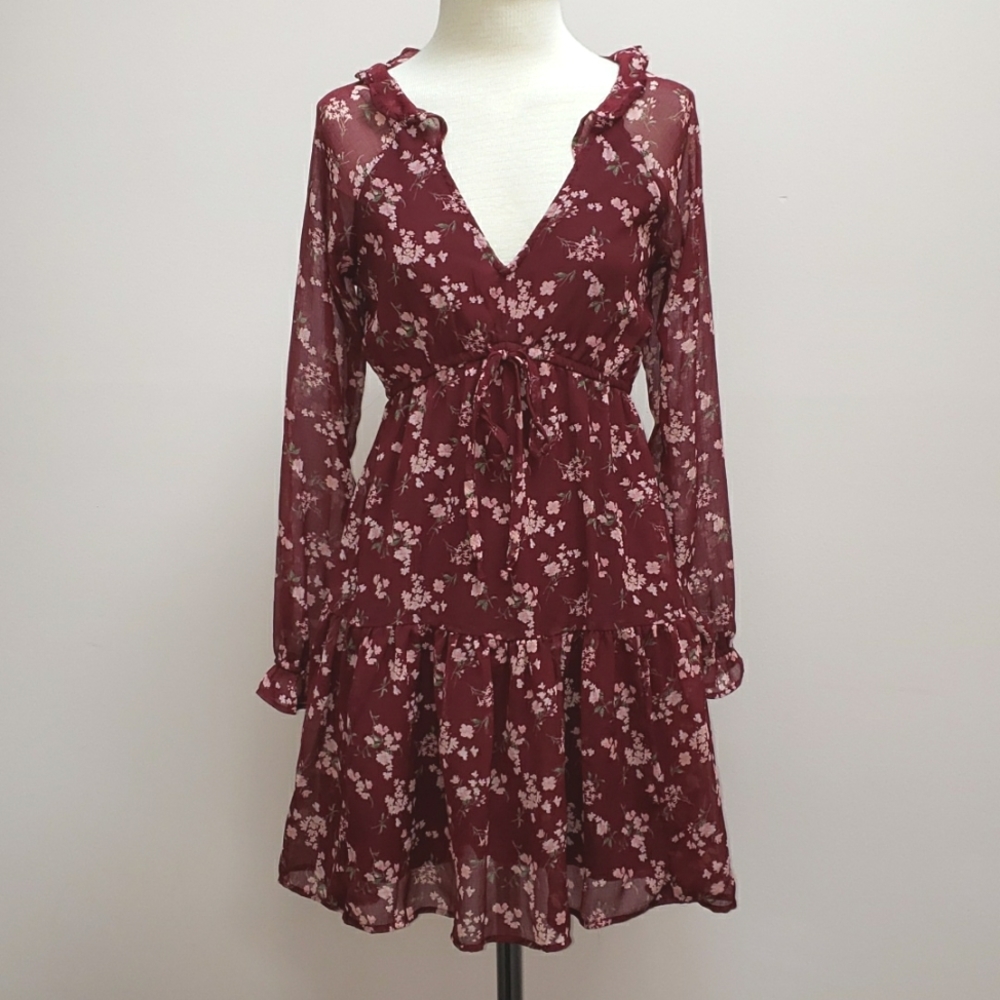 American Eagle Red and Pink Floral Long Sleeve Ruffled Mini Dress, Size XS